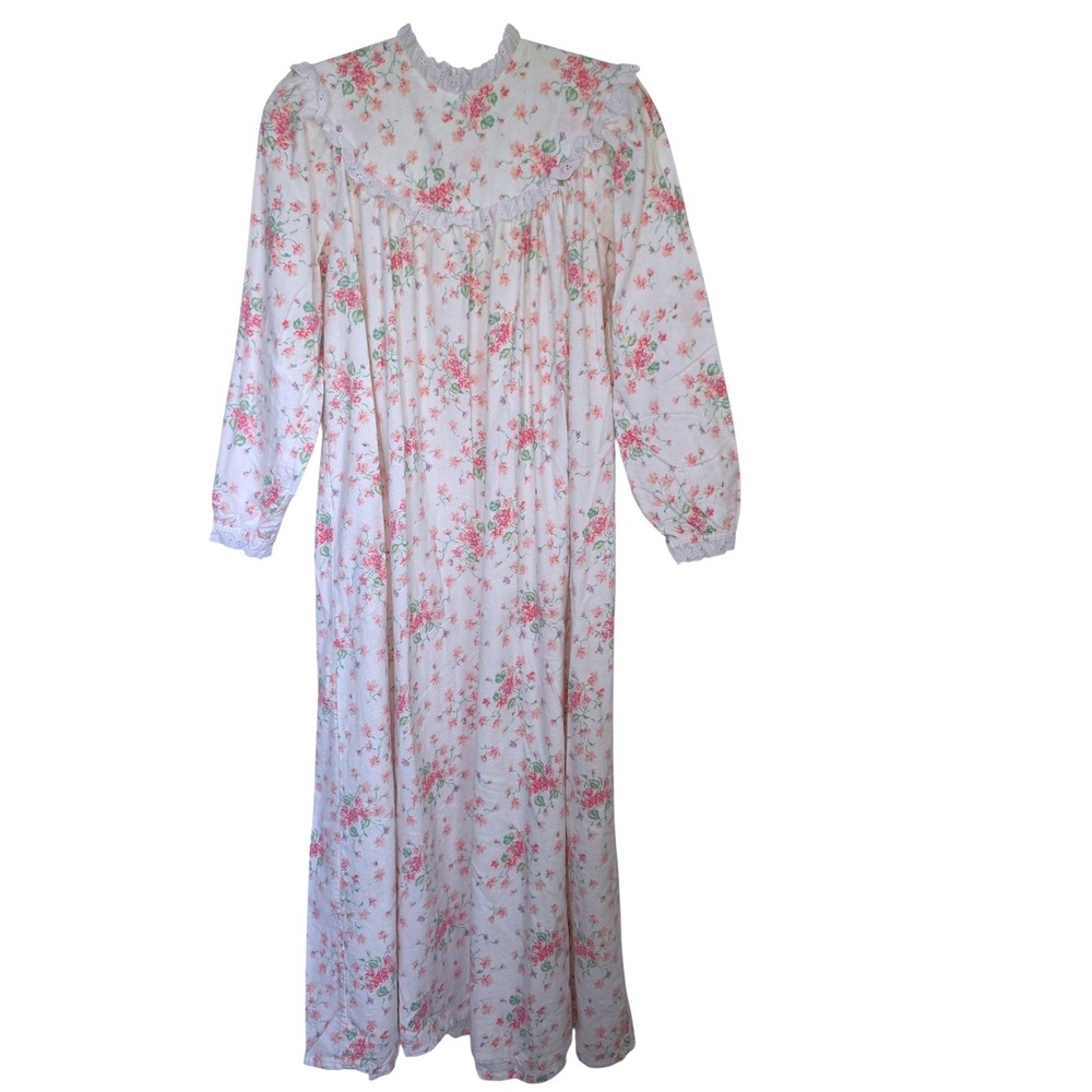 Lanz of Salzburg Floral Flannel Maxi Nightgown Eyelet Lace Trim Made in USA S
